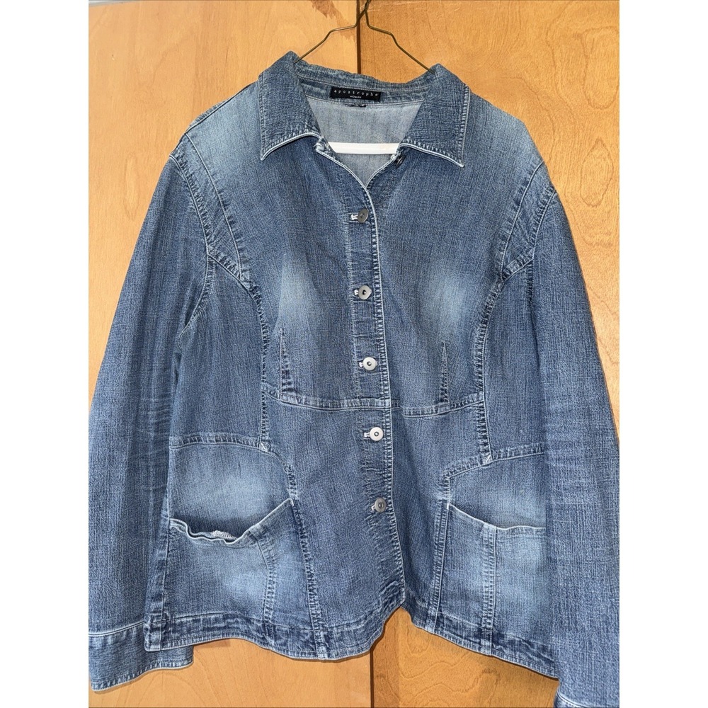 apostrophe Jean Jacket Button-Up Stretch Size L Pockets Fitted Distressed Blue